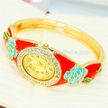 Belle mode Vintage Rhinestone Flower Bangle Watch pour les femmes B080